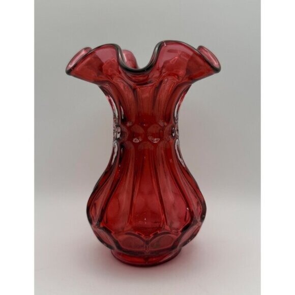 Vintage Fenton Country Cranberry Dot And Flute Ruffled Edge Vase 5in Tall - Picture 2 of 7